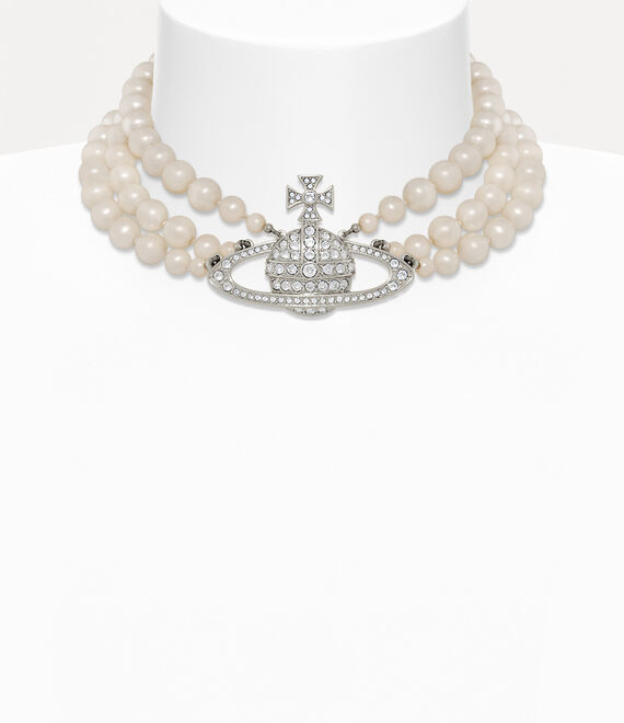 Vivienne Westwood Three Row Pearl Bas Relief Choker in PLATINUM/PEARL/CRYSTAL